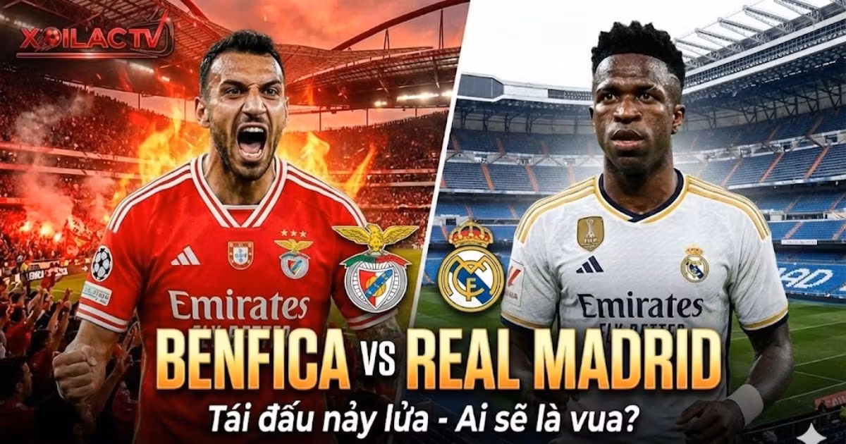 Poster xem trực tiếp bóng đá Benfica vs Real Madrid vòng Play-off Cúp C1 trên Xoilac TV - Đại chiến nảy lửa tại sân Da Luz
