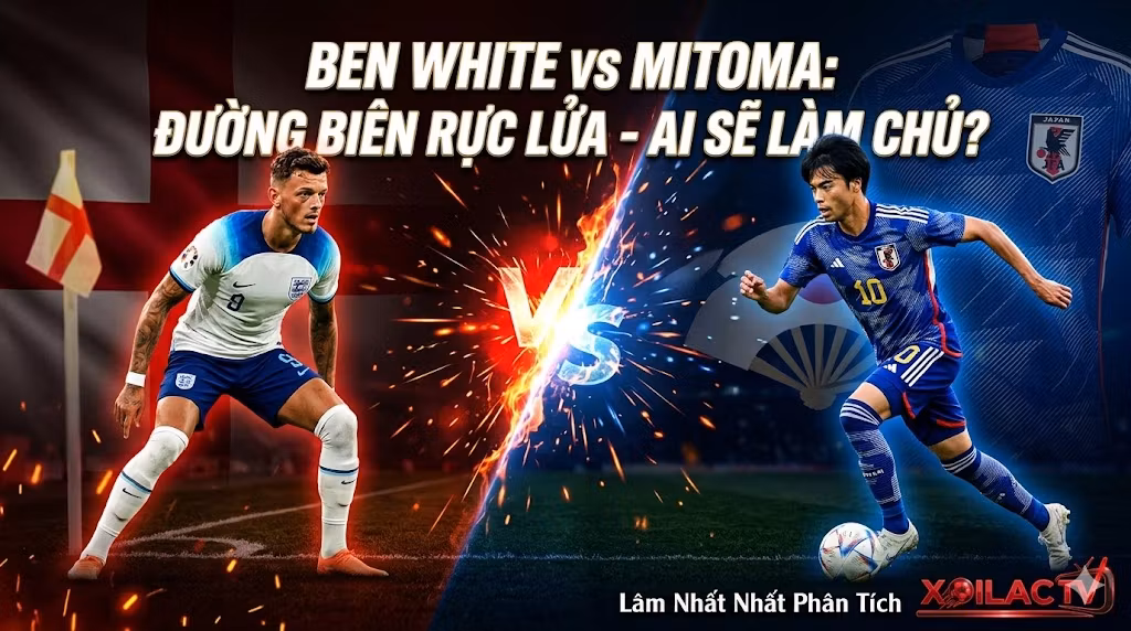 Phân tích điểm nóng đối đầu trực tiếp giữa Ben White và Kaoru Mitoma trong trận Anh vs Nhật Bản, bản quyền hình ảnh thuộc về Xoilac TV.