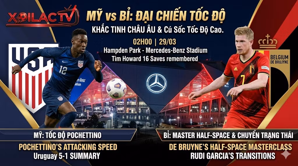 Scott McTominay và Kevin De Bruyne đối đầu trong ảnh bìa nhận định trận giao hữu quốc tế Mỹ vs Bỉ lúc 02h30 ngày 29/03, kèm tiêu đề 'Cuộc chiến Chuyển trạng thái' và logo Xoilac TV.