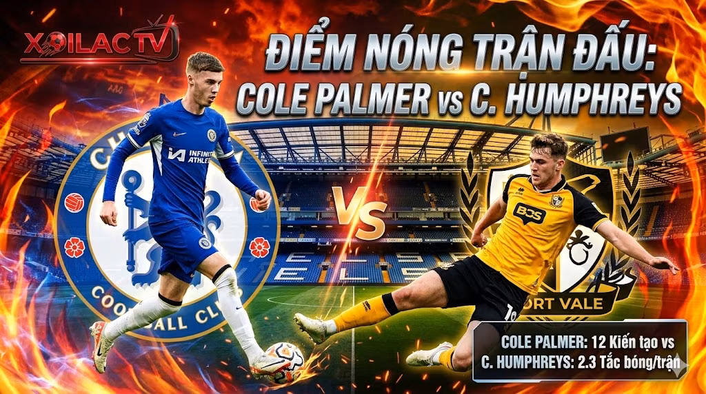 Điểm nóng định đoạt trận đấu Chelsea vs Port Vale: Tiền vệ Cole Palmer đối đầu trực tiếp với kỹ năng tắc bóng của trung vệ C. Humphreys.