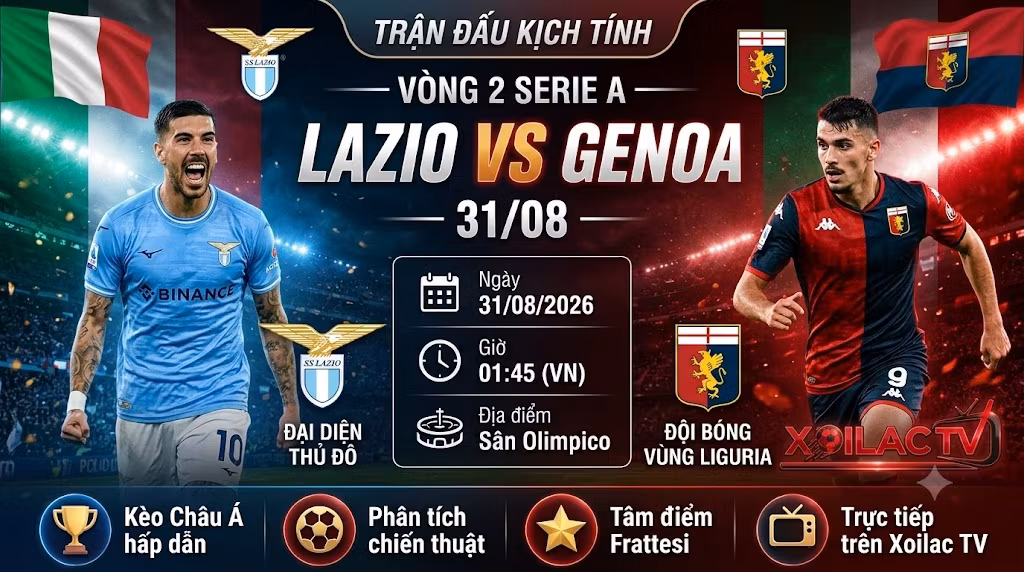Ảnh bìa nhận định soi kèo trận đấu giữa Lazio vs Genoa vòng 2 Serie A lúc 01h45 ngày 31/08 trực tiếp trên Xoilac TV.