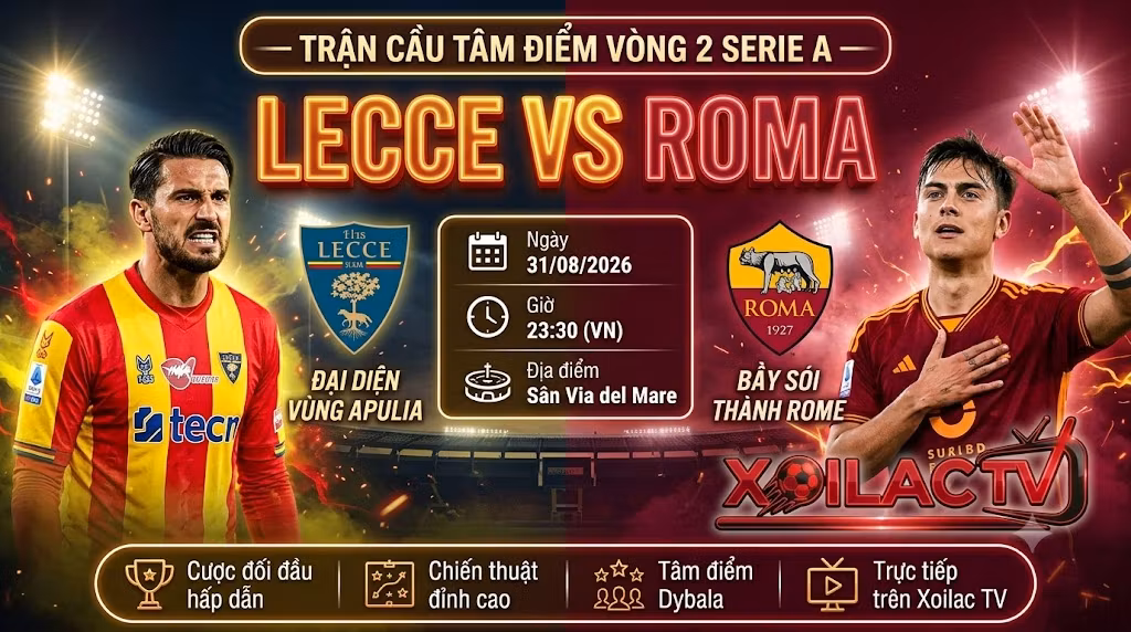 Ảnh bìa nhận định soi kèo trận đấu tâm điểm giữa Lecce vs Roma vòng 2 Serie A lúc 23h30 ngày 31/08 trực tiếp trên Xoilac TV.