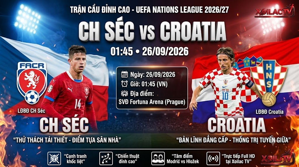 Nhận định và soi kèo trận đấu CH Séc vs Croatia lúc 01h45 ngày 26/09 tại UEFA Nations League - Trực tiếp trên Xoilac TV.