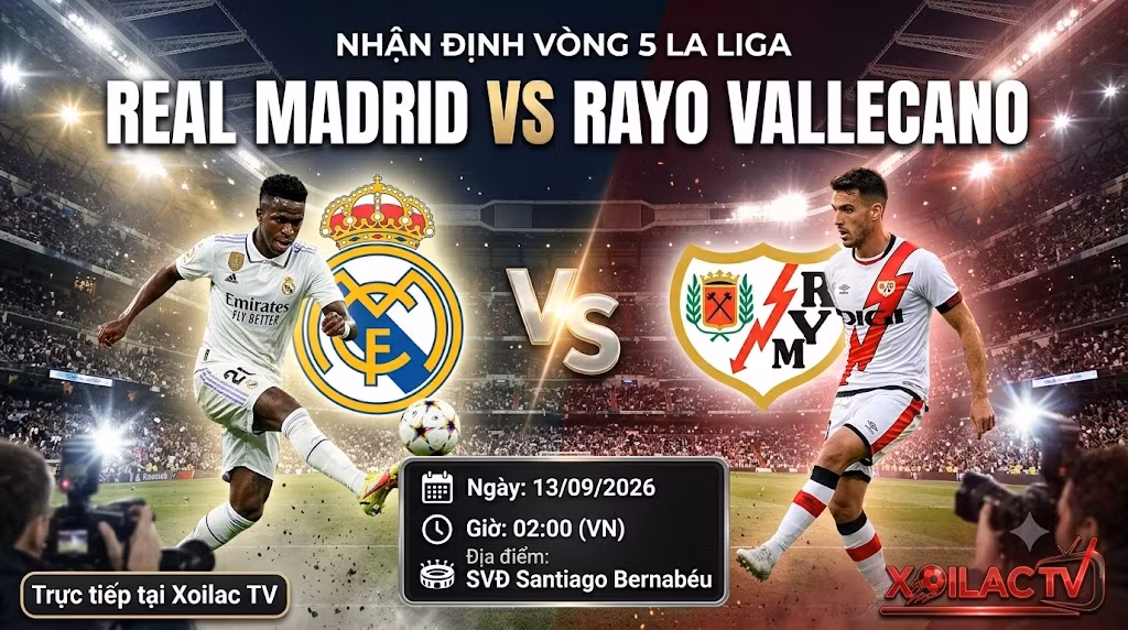 Nhận định soi kèo Real Madrid vs Rayo Vallecano vòng 5 La Liga, dự đoán tỷ số và phân tích chiến thuật chi tiết tại Xoilac TV.